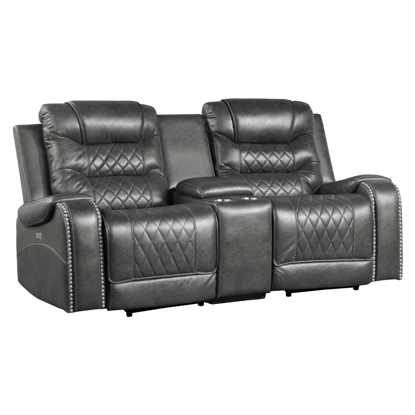 Opulence Recline: 2pc Power Sofa & Loveseat Set in Gray Faux Leather with USB Ports & Cup Holders