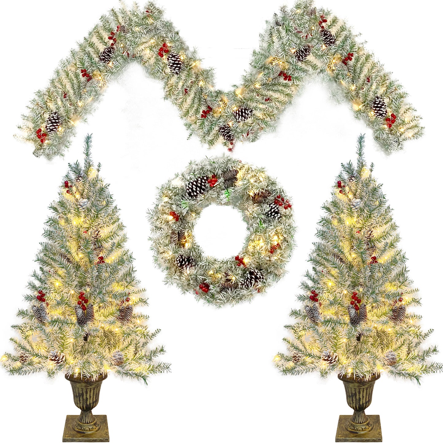 3-ft Pre-lit Xmas Tree Artificial Christmas 4-Piece Set,Garland, Wreath and Set of 2 Entrance Trees X-mas