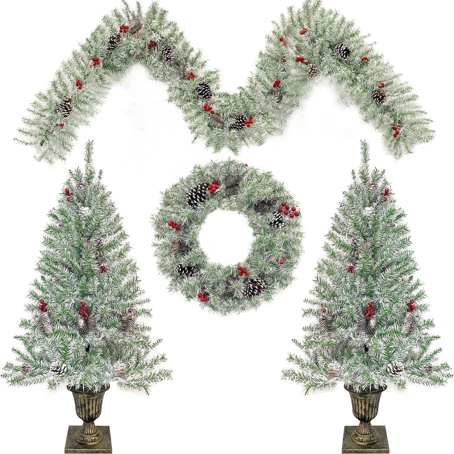 3-ft Pre-lit Xmas Tree Artificial Christmas 4-Piece Set,Garland, Wreath and Set of 2 Entrance Trees X-mas