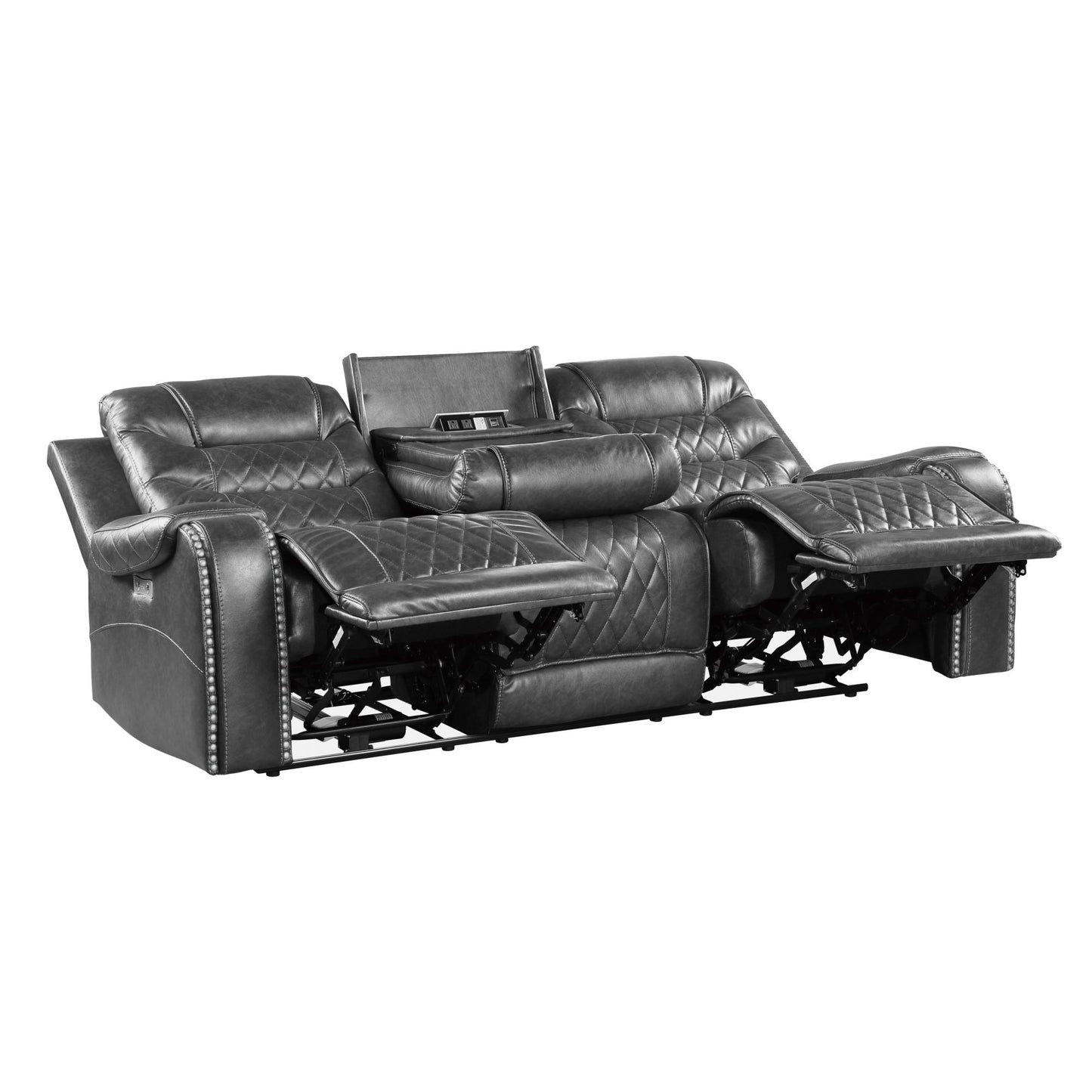 Opulence Recline: 2pc Power Sofa & Loveseat Set in Gray Faux Leather with USB Ports & Cup Holders