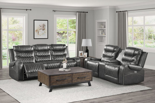 Opulence Recline: 2pc Power Sofa & Loveseat Set in Gray Faux Leather with USB Ports & Cup Holders