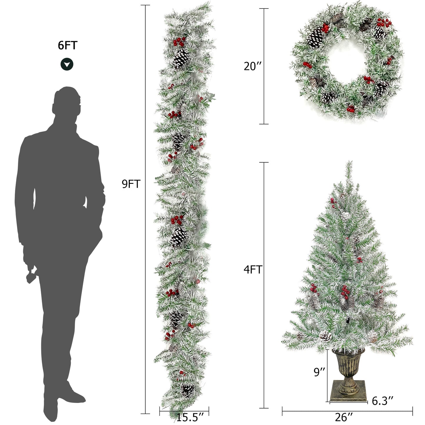 3-ft Pre-lit Xmas Tree Artificial Christmas 4-Piece Set,Garland, Wreath and Set of 2 Entrance Trees X-mas