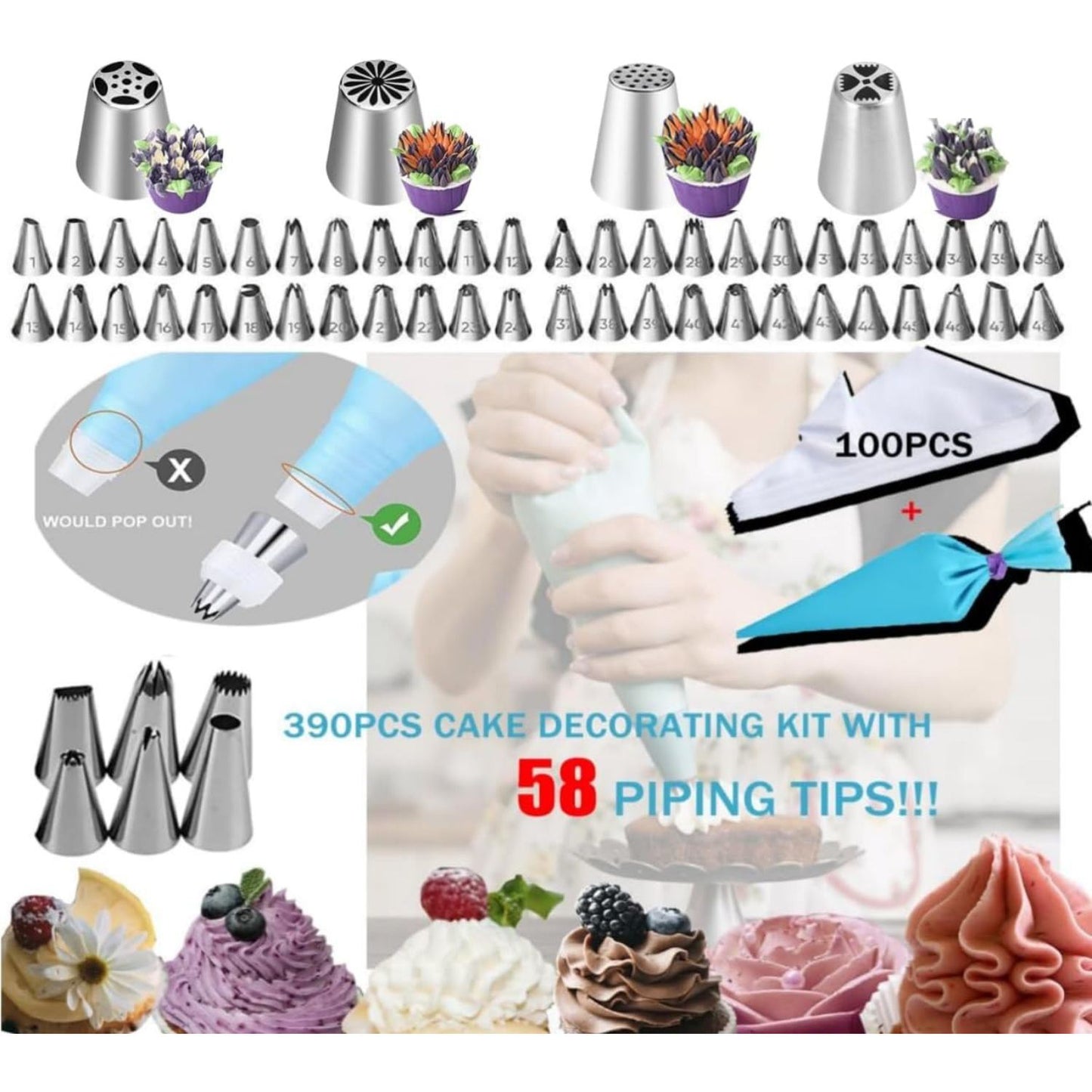 398-Piece Cake Decorating Supplies Kit - Includes Cake Pans, Rotating Turntable, Icing Tips, and More