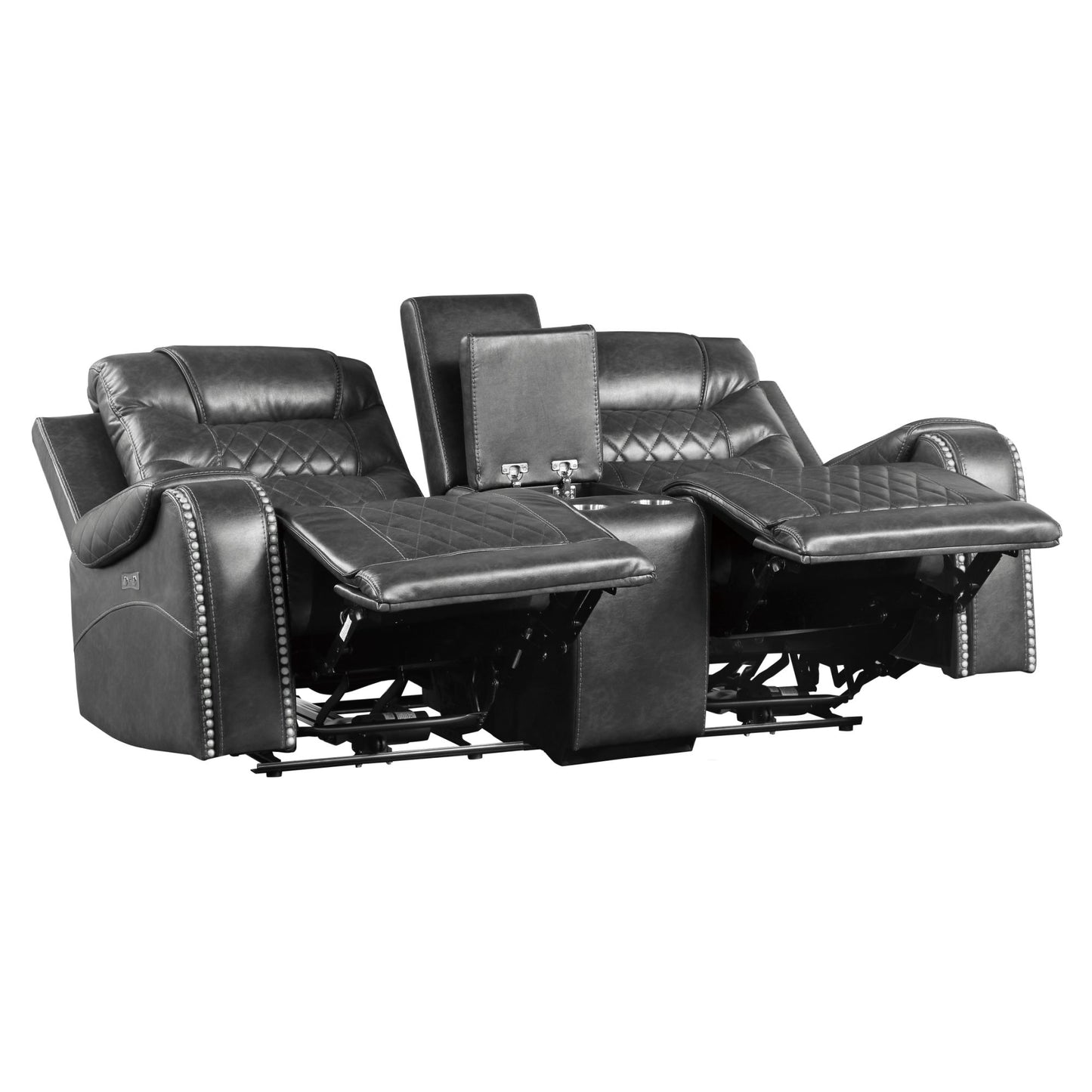 Opulence Recline: 2pc Power Sofa & Loveseat Set in Gray Faux Leather with USB Ports & Cup Holders