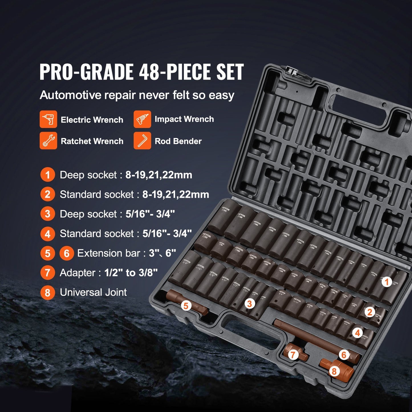 VEVOR 48-Piece 3/8" Drive Impact Socket Set - SAE & Metric, 6-Point Cr-V with Extension Bar, Universal Joint, Power Drill Adapter & Storage Case