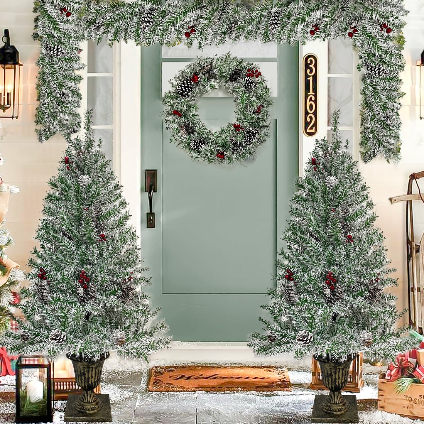 3-ft Pre-lit Xmas Tree Artificial Christmas 4-Piece Set,Garland, Wreath and Set of 2 Entrance Trees X-mas