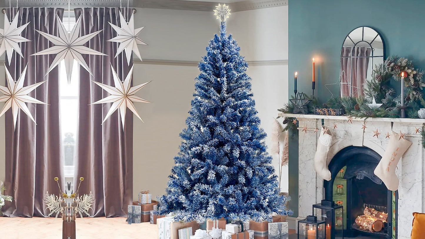 6FT Pre-Lit Hinged Artificial Fir Christmas Tree - Blue Snow Flocked