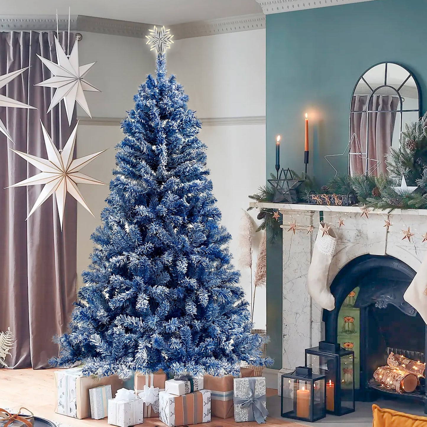 6FT Pre-Lit Hinged Artificial Fir Christmas Tree - Blue Snow Flocked