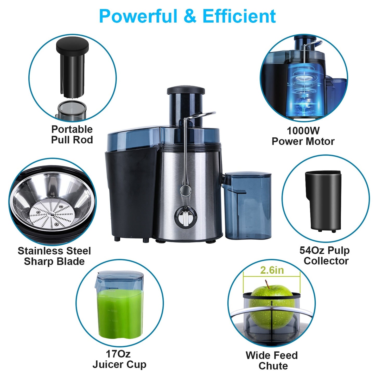 1000W Centrifugal Juicer with 2 Speeds - 65mm Wide Feed Chute, 17Oz Juicer Cup, 54Oz Pulp Collector, Easy to Clean