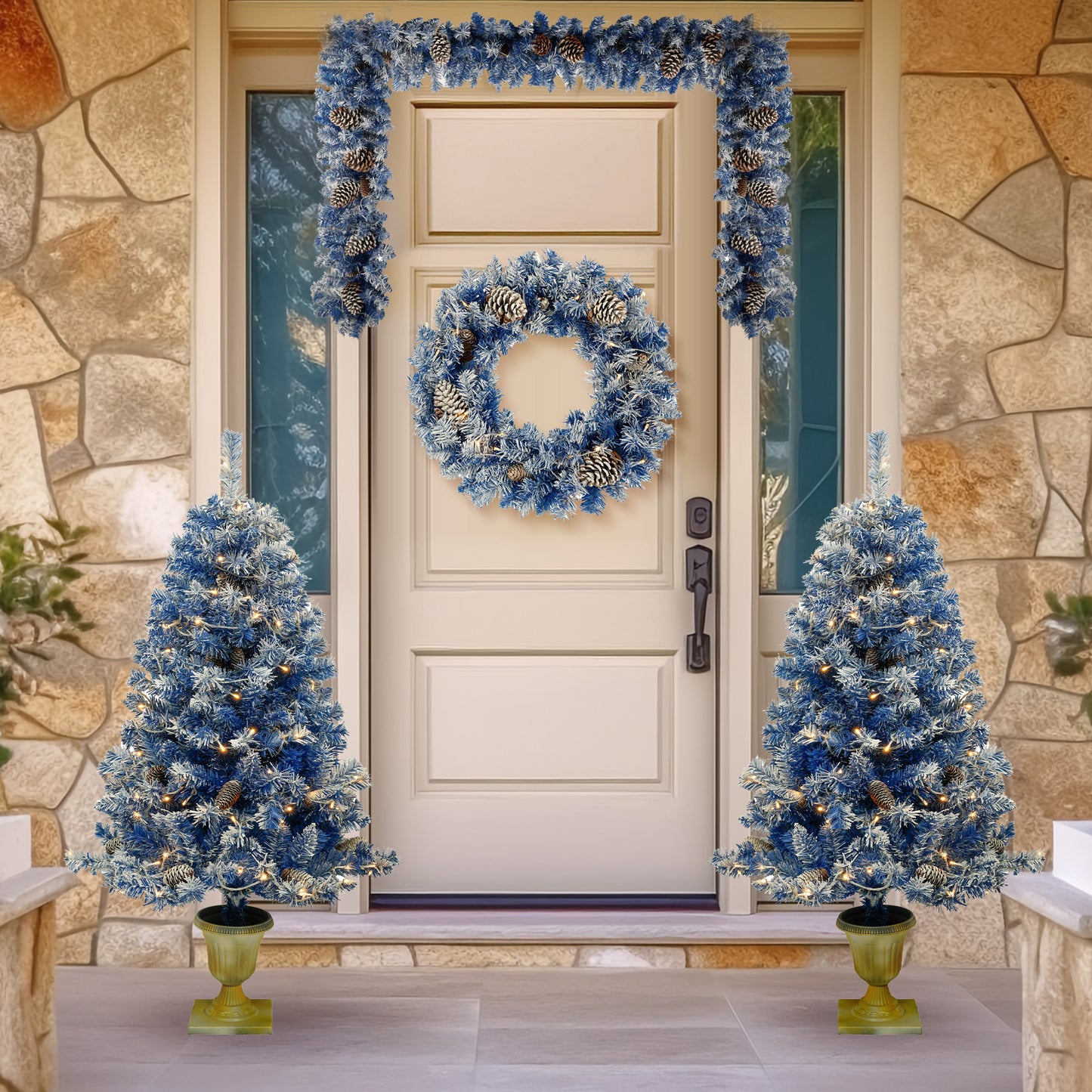 3-ft Blue Pre-lit Xmas Tree Artificial Christmas 4-Piece Set,Garland, Wreath and Set of 2 Entrance Trees X-mas with LED Lights, Christmas Tree