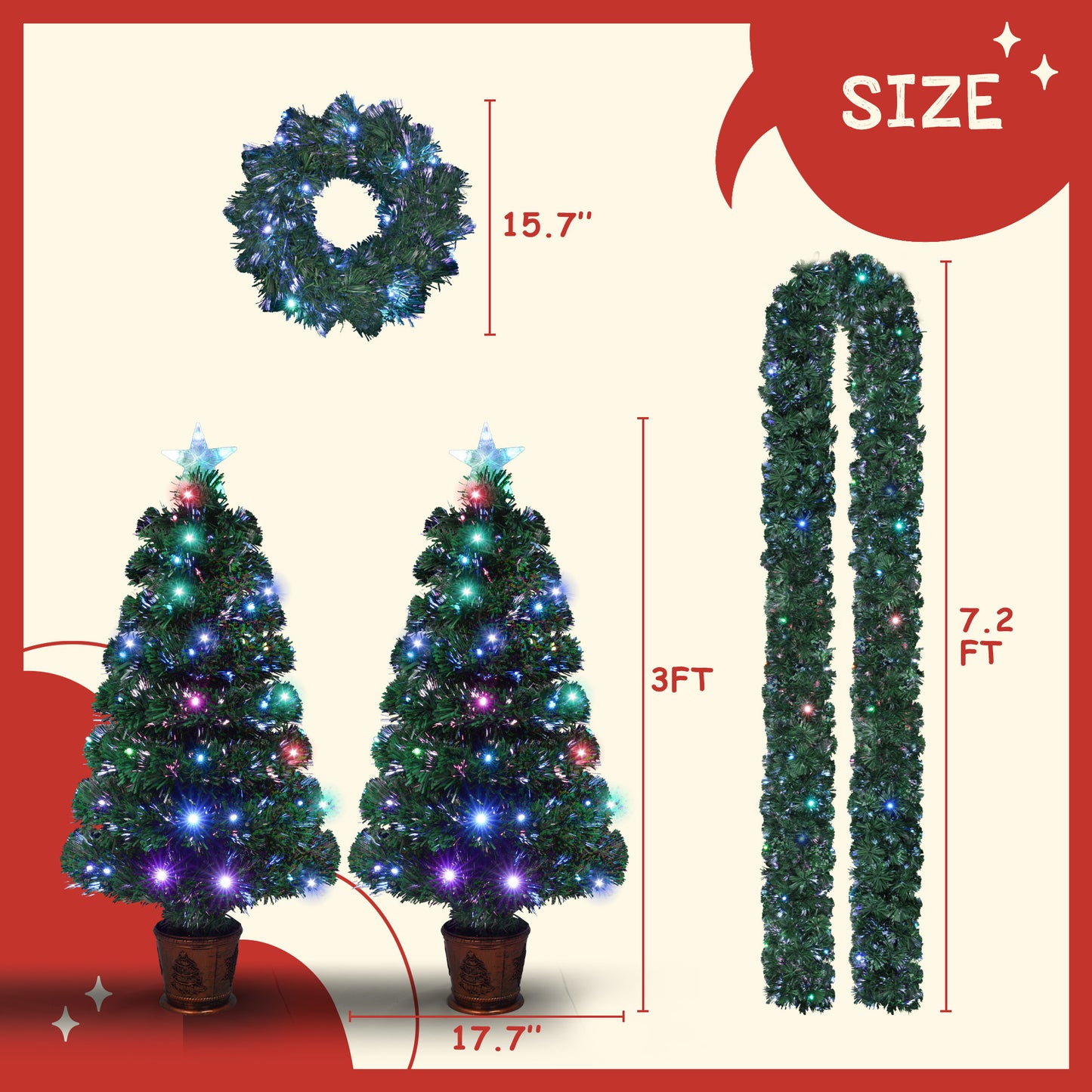 3-ft Pre-lit Optical Fiber Christmas Artificial Tree 4-Piece Set, Christmas Garland, Wreath and set of 2 Entrance Trees with Colorful Lights, PVC Festival Celebration Set