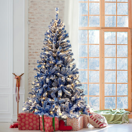 6FT Pre-Lit Hinged Artificial Fir Christmas Tree - Blue Snow Flocked