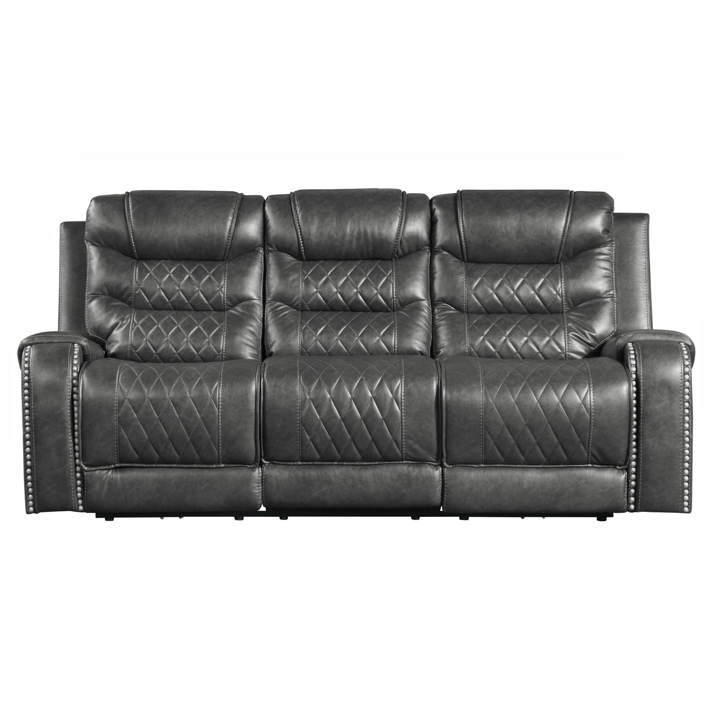 Opulence Recline: 2pc Power Sofa & Loveseat Set in Gray Faux Leather with USB Ports & Cup Holders