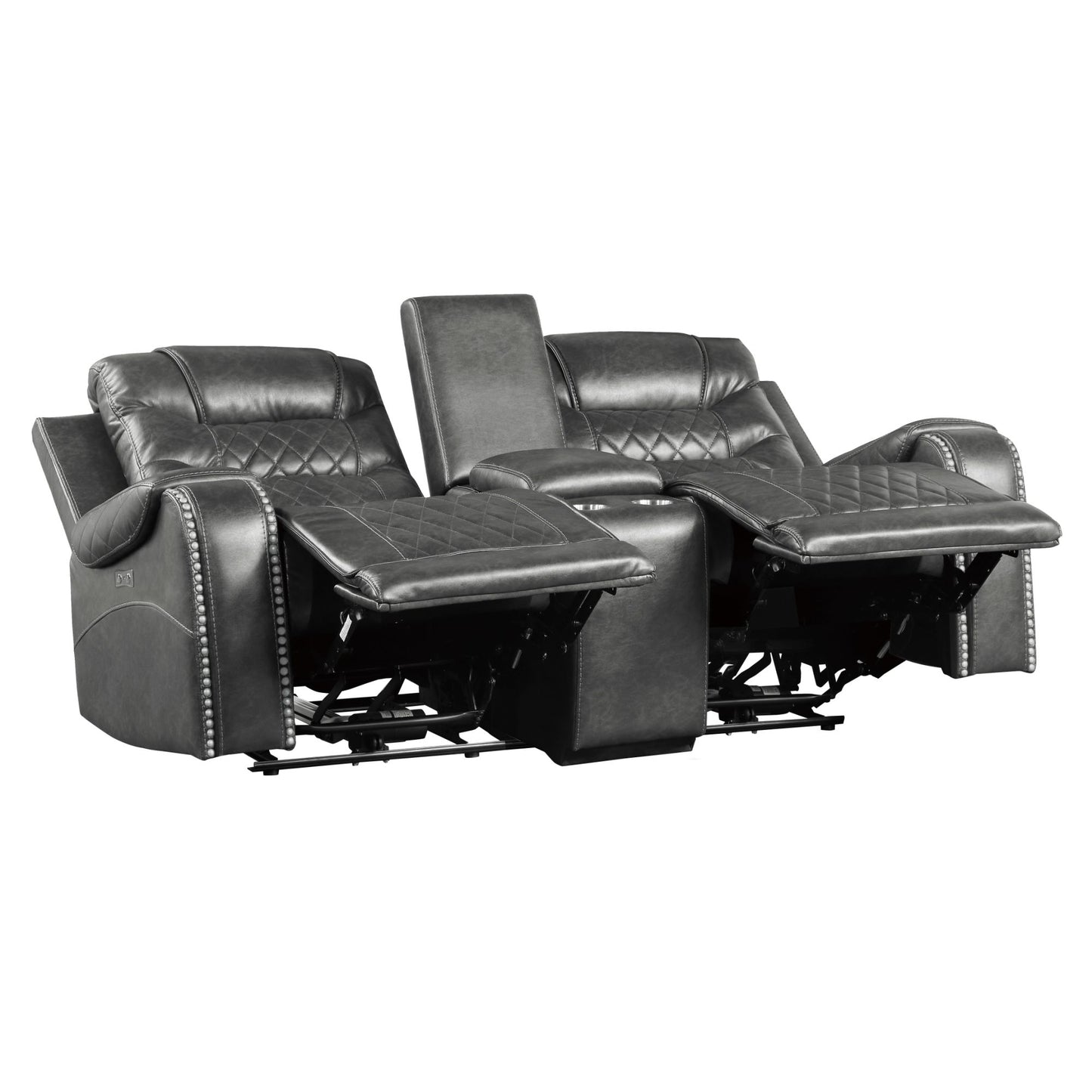 Opulence Recline: 2pc Power Sofa & Loveseat Set in Gray Faux Leather with USB Ports & Cup Holders