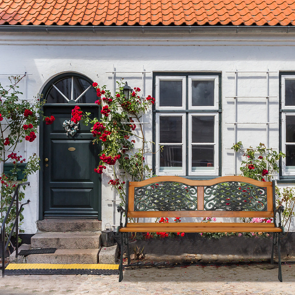 Elegant 49" Garden Bench - Powder-Coat Steel & Weather-Resistant Hardwood, Antique Style, Comfortable Seating