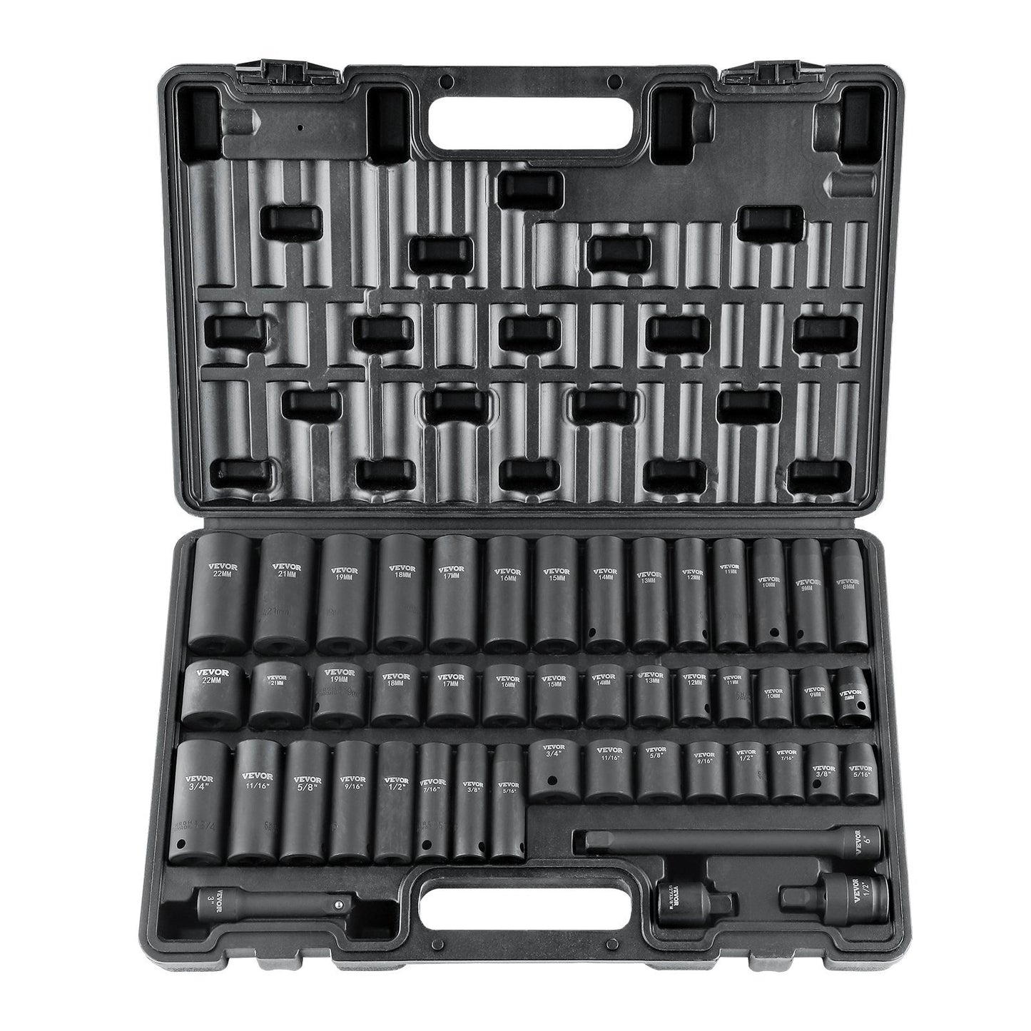 VEVOR 48-Piece 3/8" Drive Impact Socket Set - SAE & Metric, 6-Point Cr-V with Extension Bar, Universal Joint, Power Drill Adapter & Storage Case