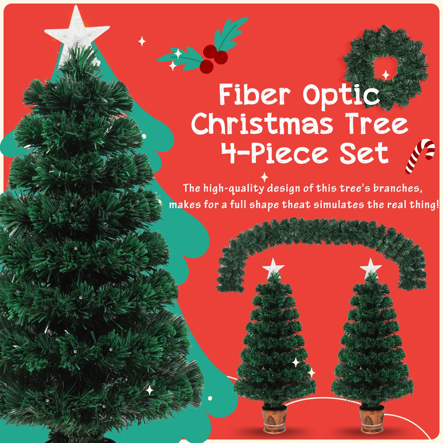 3-ft Pre-lit Optical Fiber Christmas Artificial Tree 4-Piece Set, Christmas Garland, Wreath and set of 2 Entrance Trees with Colorful Lights, PVC Festival Celebration Set