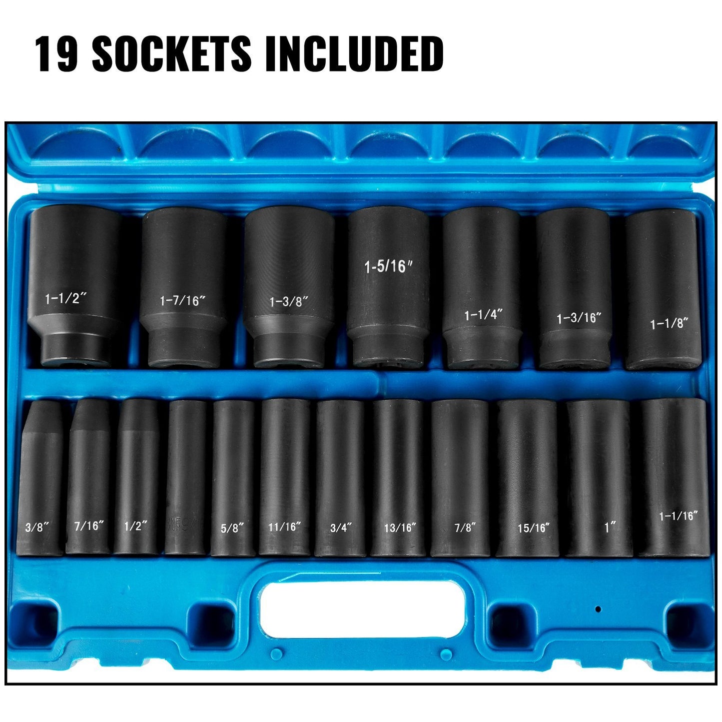 VEVOR 19-Piece Impact Socket Set - 1/2 Inch Drive, Deep 6-Point Sockets, Cr-V Construction, with Storage Case