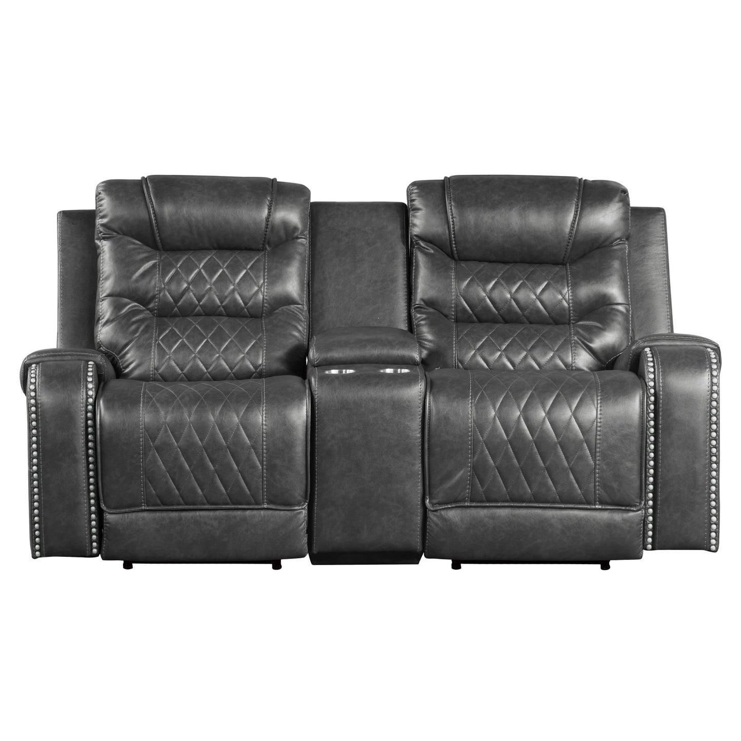 Opulence Recline: 2pc Power Sofa & Loveseat Set in Gray Faux Leather with USB Ports & Cup Holders