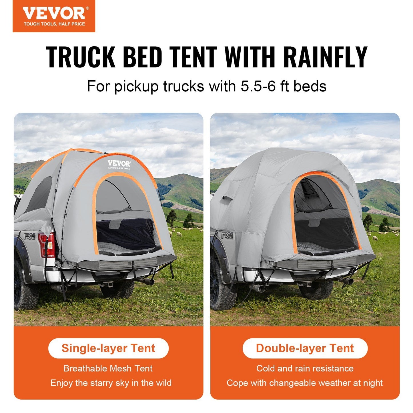 VEVOR 5.5'-6' Truck Bed Tent with Rain Layer & Carry Bag - Waterproof PU2000mm Double Layer Tent for 2-3 People