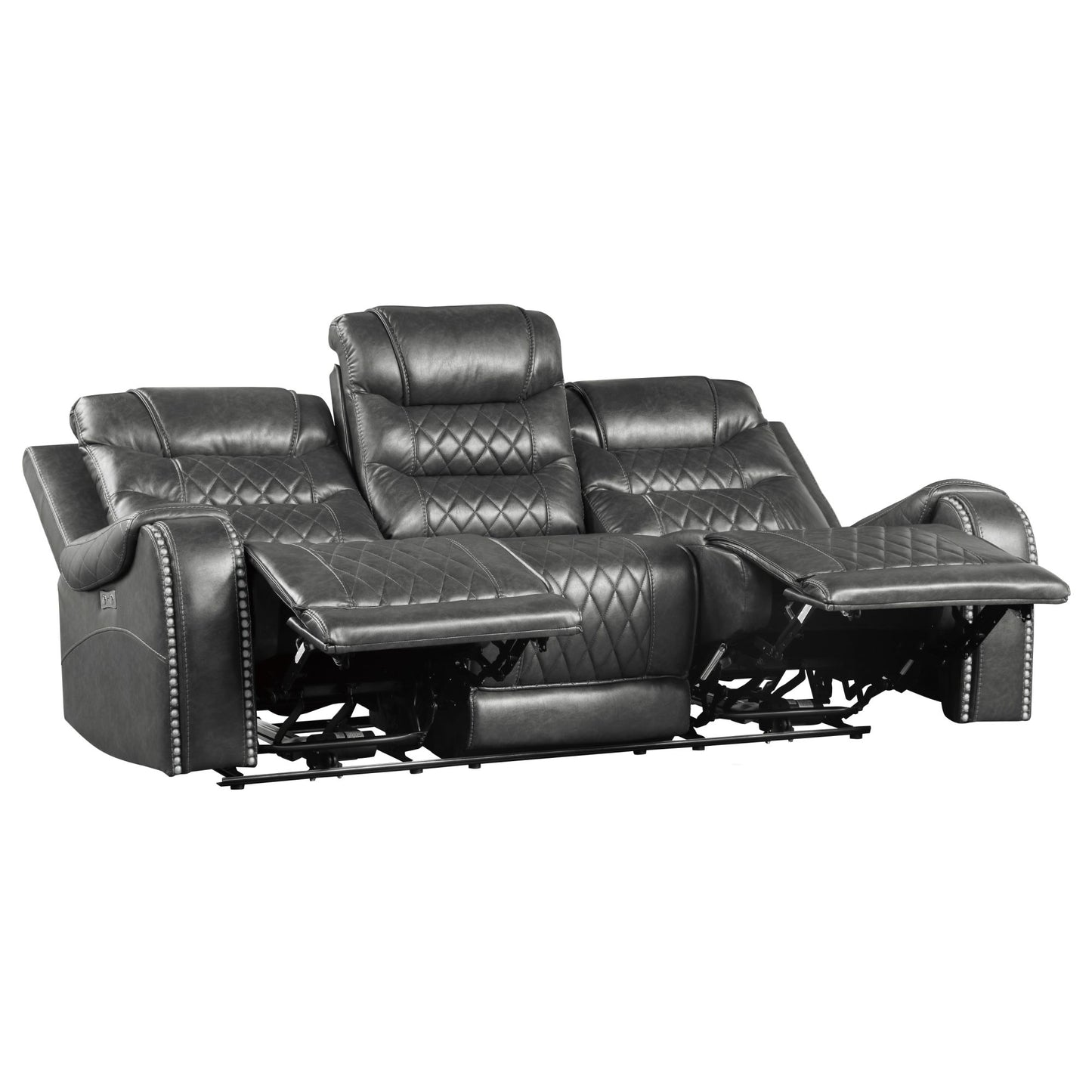 Opulence Recline: 2pc Power Sofa & Loveseat Set in Gray Faux Leather with USB Ports & Cup Holders