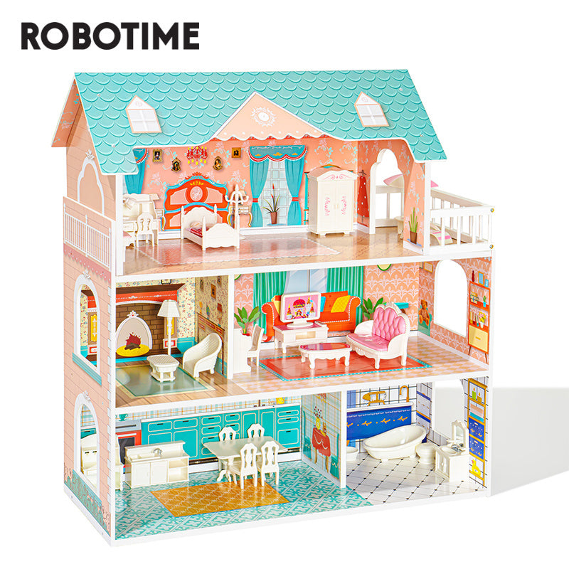 Royal Wooden Dollhouse Play Set - 3-Story Doll House with Furniture for Kids