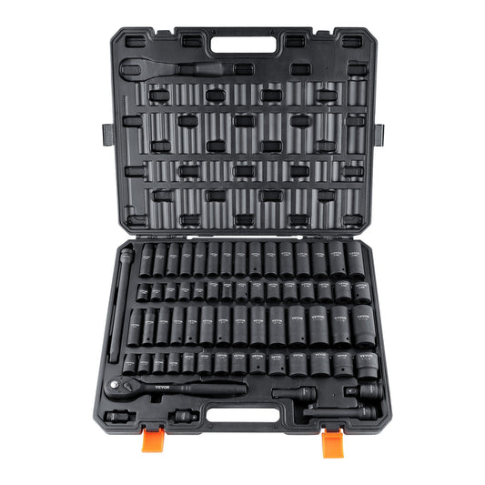 VEVOR 65-Piece 1/2" Drive Impact Socket Set - SAE & Metric, 6-Point Cr-V, Portable Storage Case