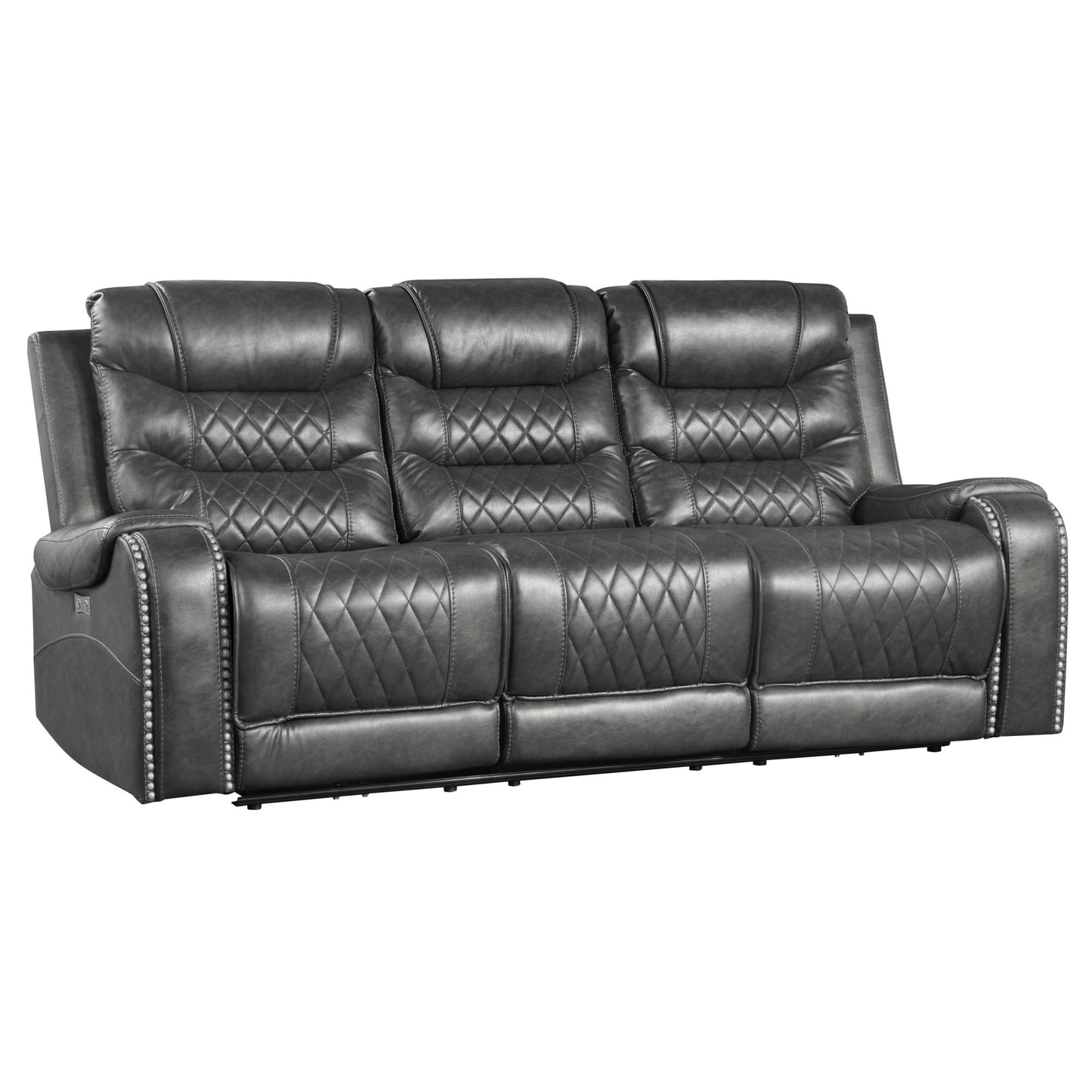 Opulence Recline: 2pc Power Sofa & Loveseat Set in Gray Faux Leather with USB Ports & Cup Holders