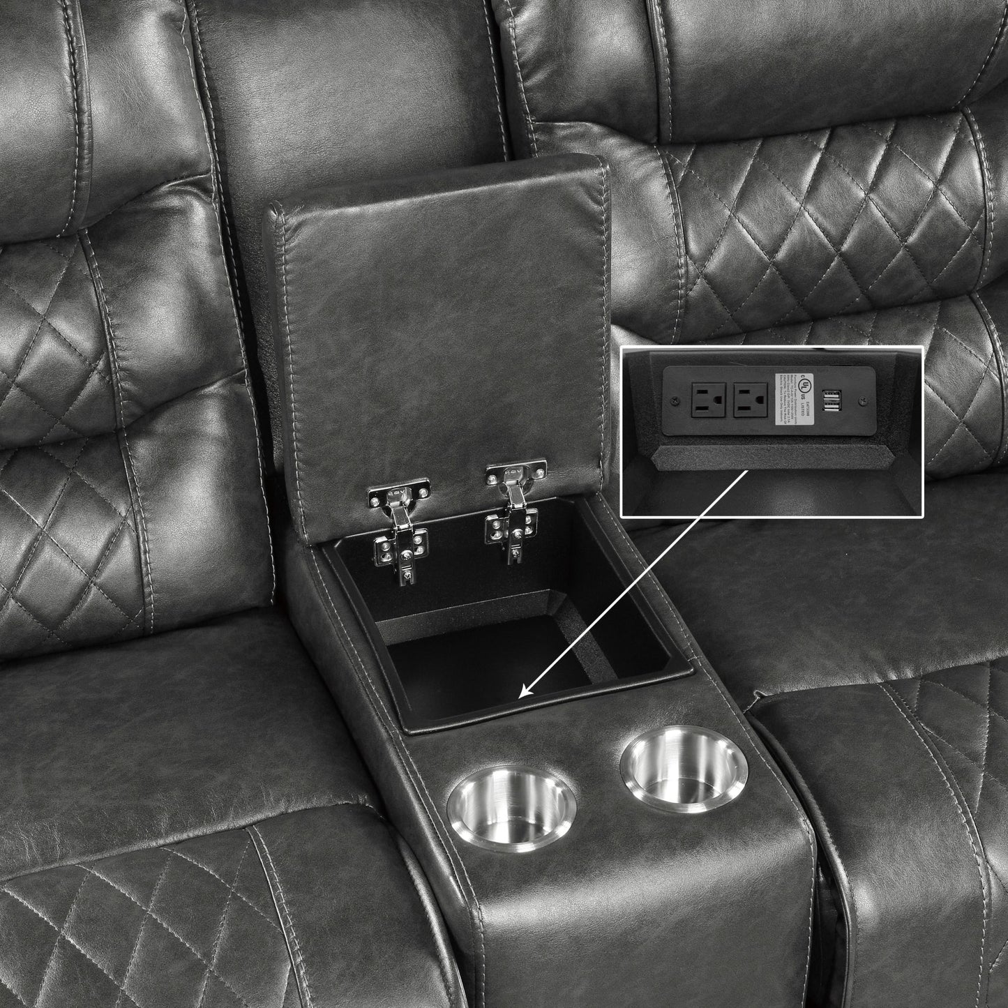 Opulence Recline: 2pc Power Sofa & Loveseat Set in Gray Faux Leather with USB Ports & Cup Holders