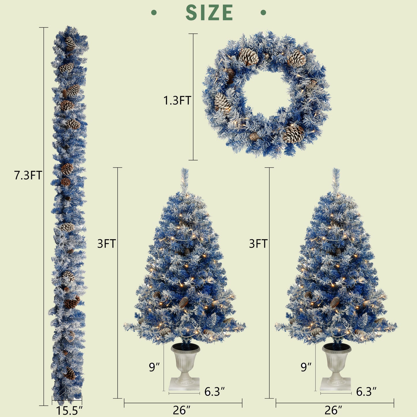 3-ft Blue Pre-lit Xmas Tree Artificial Christmas 4-Piece Set,Garland, Wreath and Set of 2 Entrance Trees X-mas with LED Lights, Christmas Tree