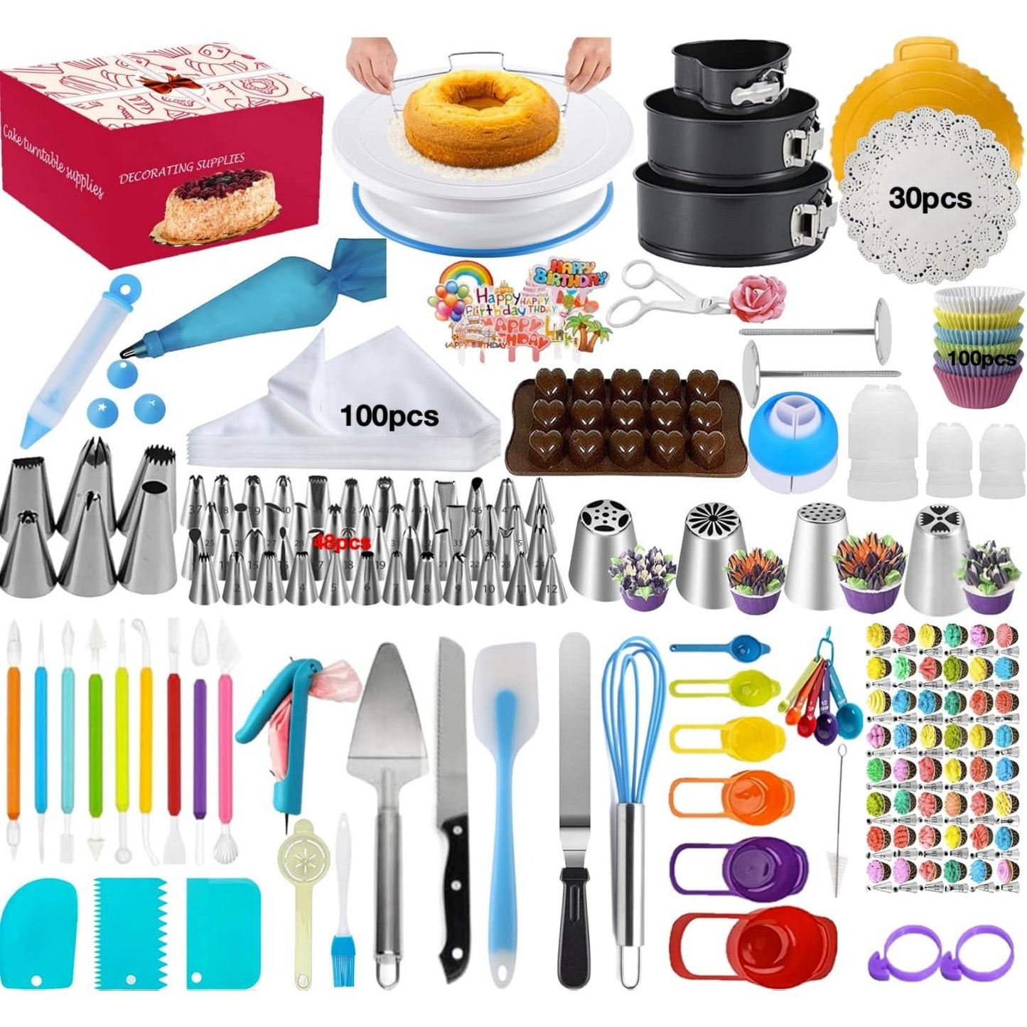 398-Piece Cake Decorating Supplies Kit - Includes Cake Pans, Rotating Turntable, Icing Tips, and More