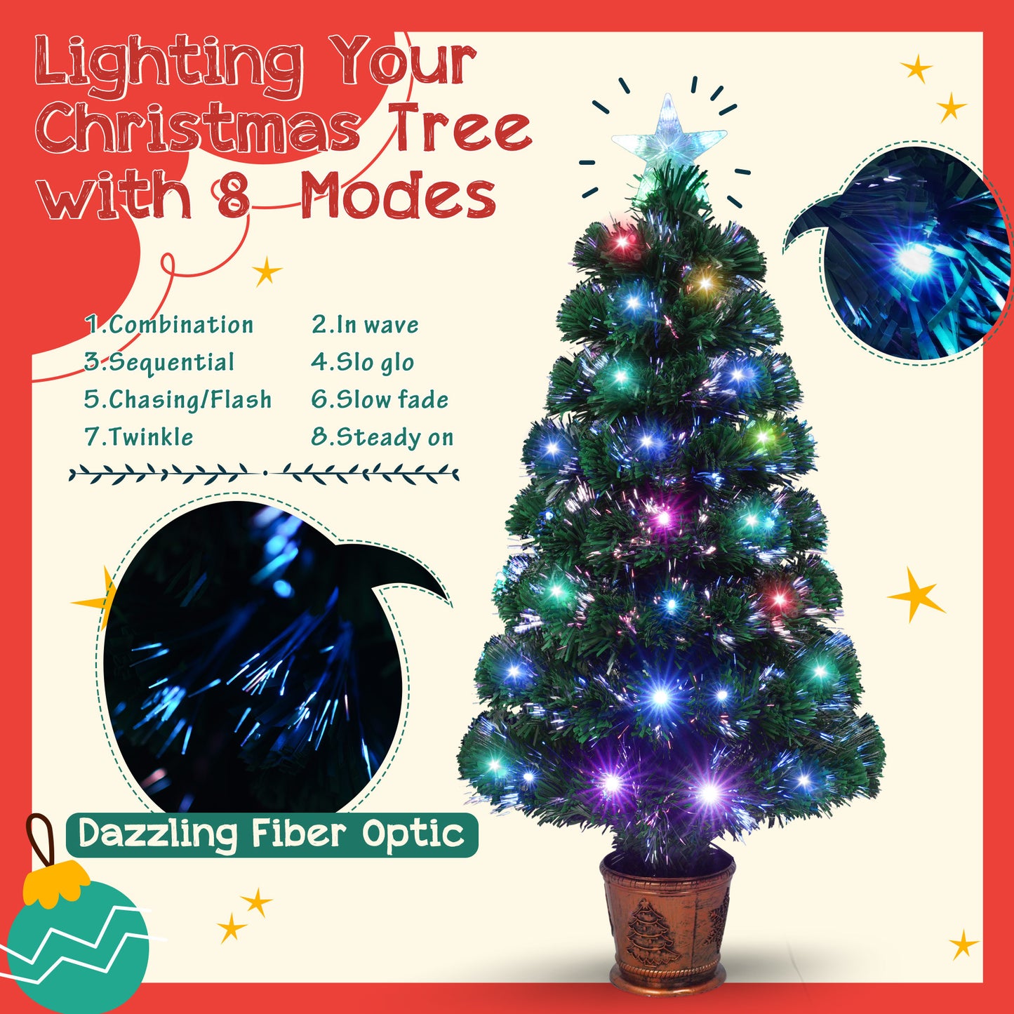 3-ft Pre-lit Optical Fiber Christmas Artificial Tree 4-Piece Set, Christmas Garland, Wreath and set of 2 Entrance Trees with Colorful Lights, PVC Festival Celebration Set