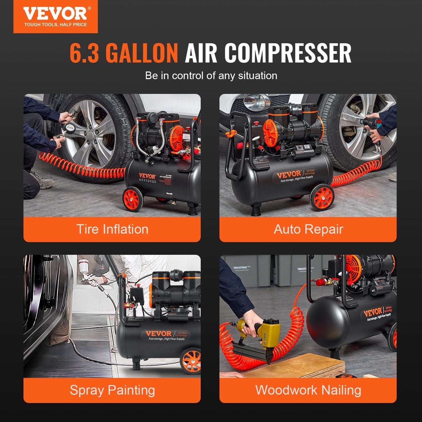 VEVOR 6.3 Gallon Air Compressor, 1450W Oil-Free, 3.35 CFM@90 PSI, 70 dB Ultra Quiet