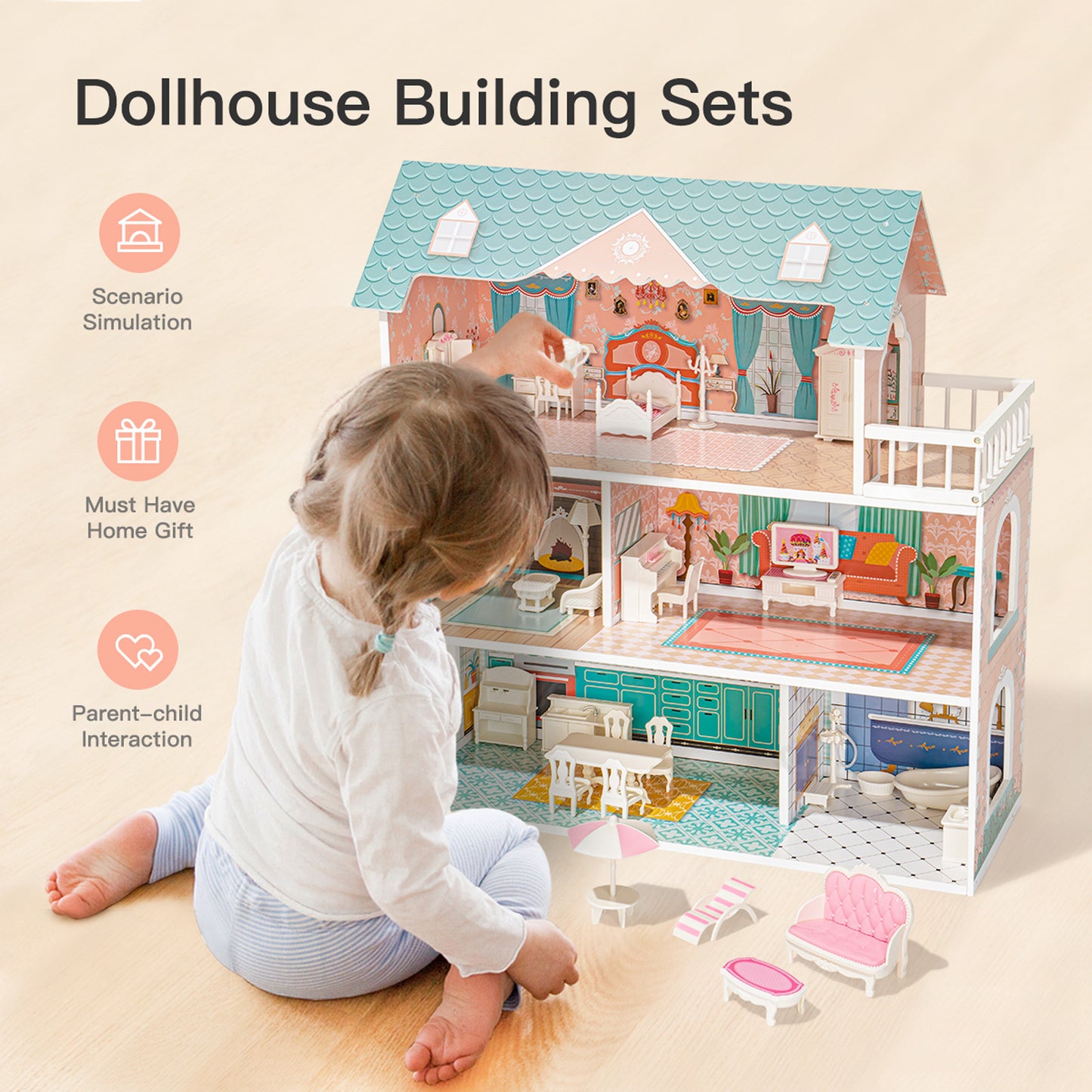 Royal Wooden Dollhouse Play Set - 3-Story Doll House with Furniture for Kids