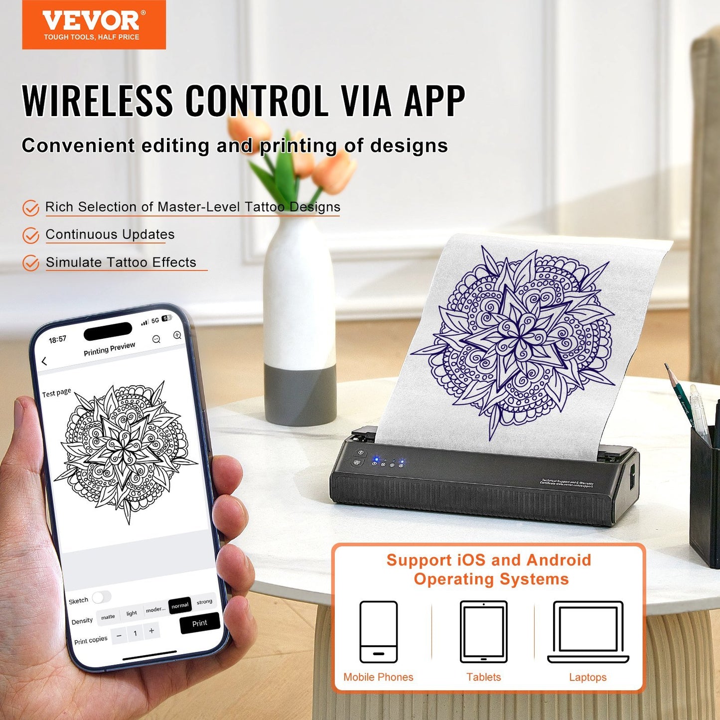 VEVOR Wireless Bluetooth Tattoo Stencil Printer – Portable Transfer Machine with 10 Sheets of Transfer Paper