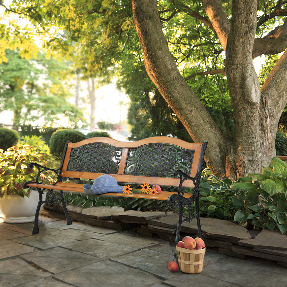 Elegant 49" Garden Bench - Powder-Coat Steel & Weather-Resistant Hardwood, Antique Style, Comfortable Seating