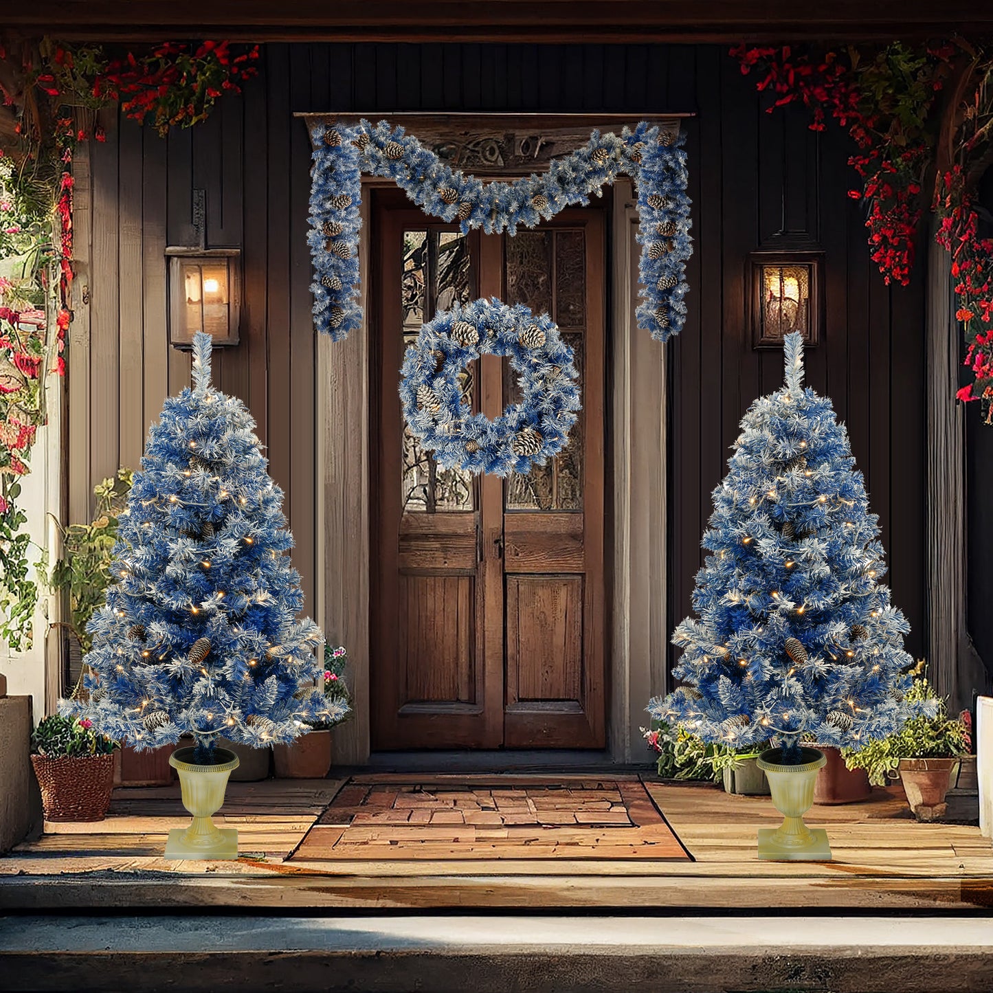 3-ft Blue Pre-lit Xmas Tree Artificial Christmas 4-Piece Set,Garland, Wreath and Set of 2 Entrance Trees X-mas with LED Lights, Christmas Tree