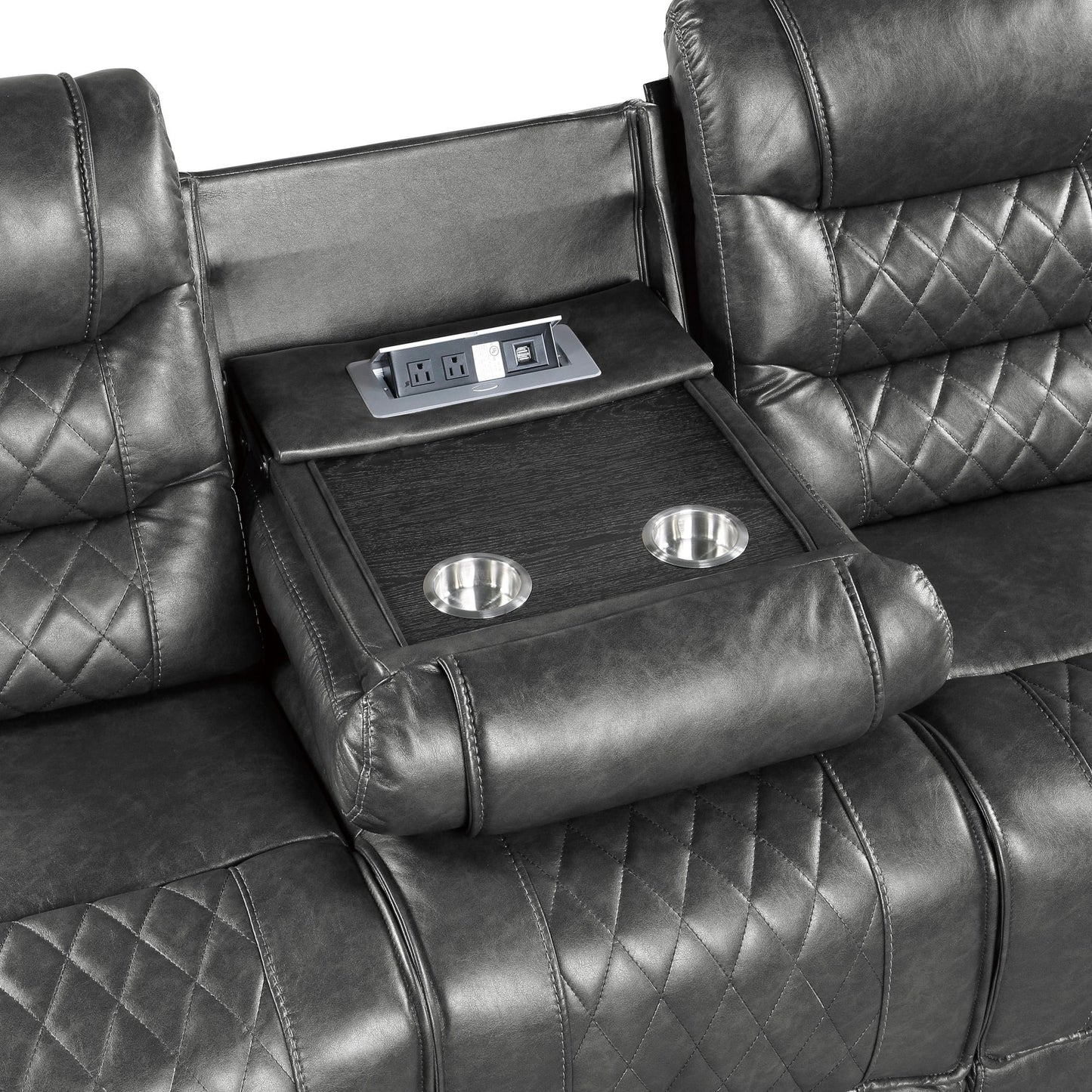 Opulence Recline: 2pc Power Sofa & Loveseat Set in Gray Faux Leather with USB Ports & Cup Holders